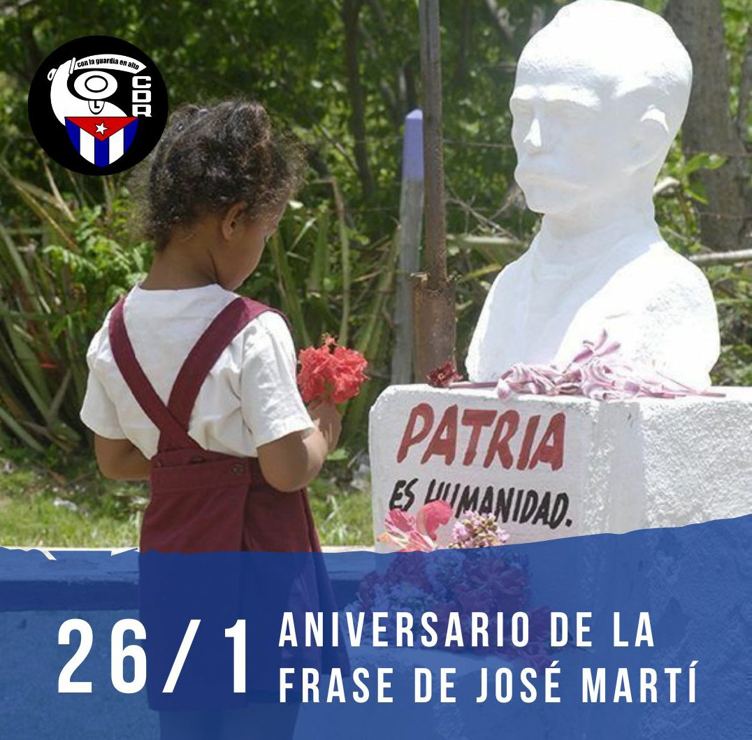 Desde los #CDRCuba, recordamos a José Martí en el aniversario de su frase: "Patria es humanidad", un programa revolucionario para quienes defienden la dignidad de cualquier pueblo.
#CubaViveEnSuHistoria