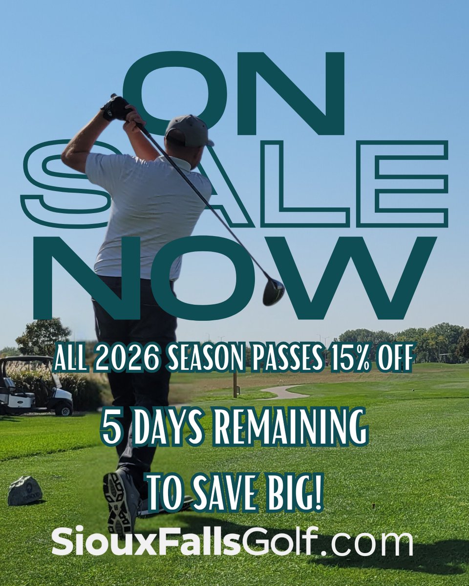 siouxfallsgolf's tweet photo. 🚨5 Days Left to Save 15% on All Season Passes 🚨

Shop &amp; Save 15%: https://t.co/hUv6iDdBFO

Find the right fit for you! We have options for all ages including unlimited golf, unlimited range, and unlimited cart passes. You don't want to miss out on this opportunity!
#SFGolf https://t.co/FLRuu1x6hm