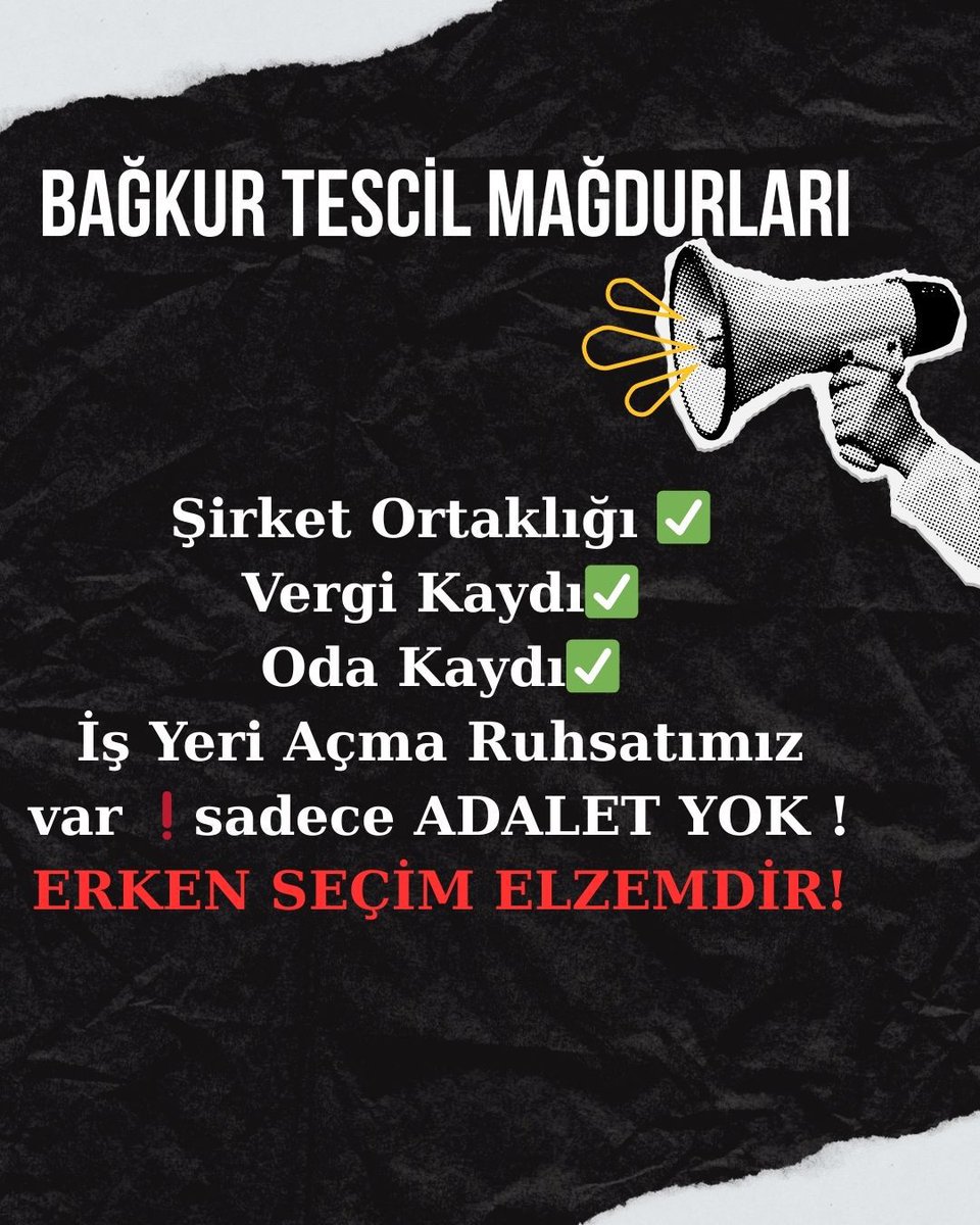 <a href="/cenginyurt52/">Cemal Enginyurt</a> <a href="/RTErdogan/">Recep Tayyip Erdoğan</a> <a href="/dbdevletbahceli/">Devlet Bahçeli</a> <a href="/isikhanvedat/">Prof. Dr. Vedat Işıkhan</a> <a href="/B_Palandoken/">Bendevi Palandöken</a> <a href="/ErsinBayav/">Ersin BAYAV</a> <a href="/melih_meric/">Melih Meriç</a> <a href="/FilizKKonca/">🧭 Filiz KOÇ KONCA</a> <a href="/TBMMresmi/">TBMM</a> <a href="/eczserkansari/">Serkan Sarı 🇹🇷</a> <a href="/sgksosyalmedya/">SGK</a> <a href="/herkesicinCHP/">CHP 🇹🇷</a> <a href="/fethigurer/">Ömer Fethi Gürer</a> <a href="/eczozgurozel/">Özgür Özel</a> <a href="/dileketesgk/">Dilek ETE</a> 
#BağkurTescilZulmüBitsin
#BağkurTescilMağdurları