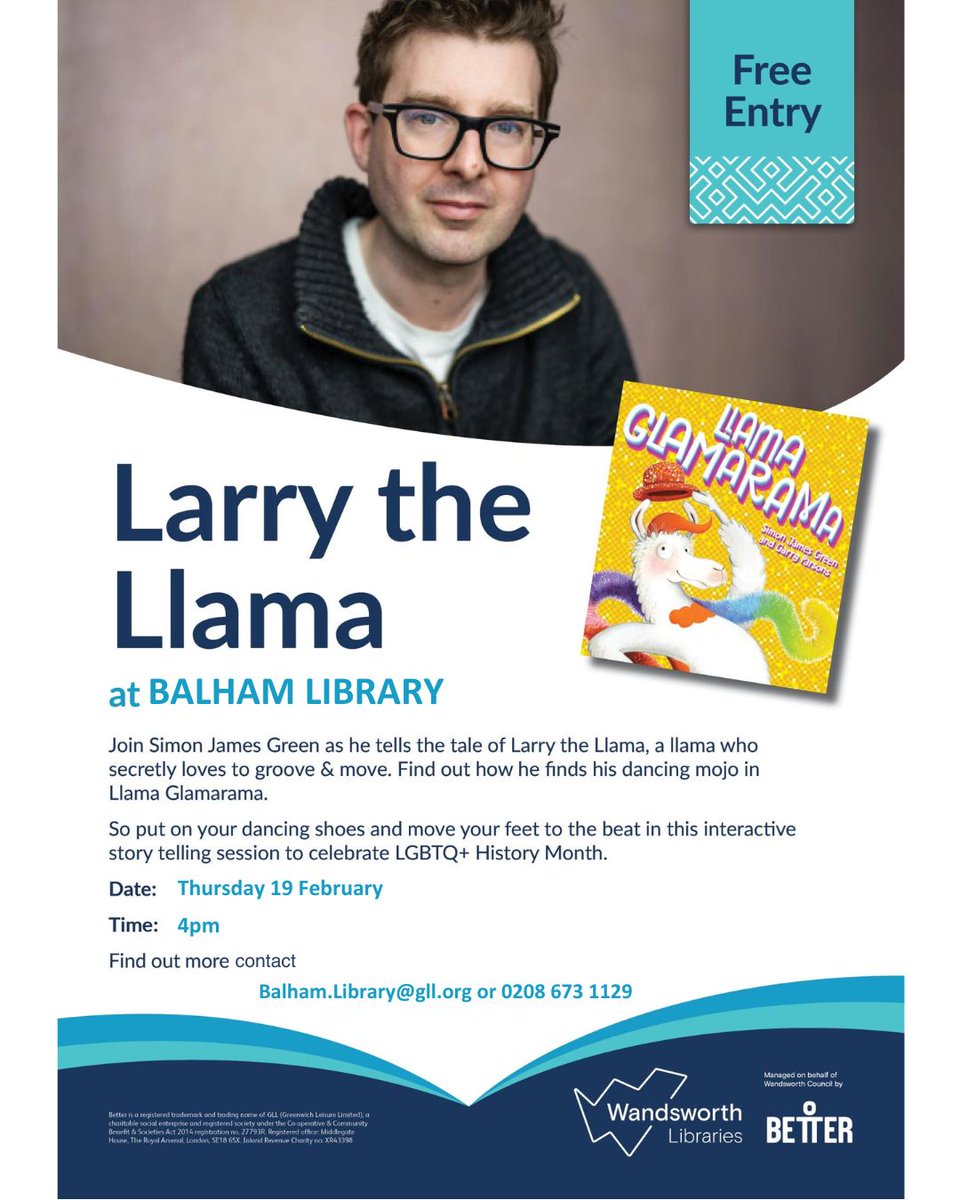 Better_Balham's tweet photo. Looking for some Half-Term Fun?
Look no further than Larry the Lama!
Join Balham Library on Thursday 19 February at 4pm with a special story time by award-winning author Simon James Green! 
@WandsworthLibs
#AuthorEvent #HalfTermEvent https://t.co/yU4YD1x1rm