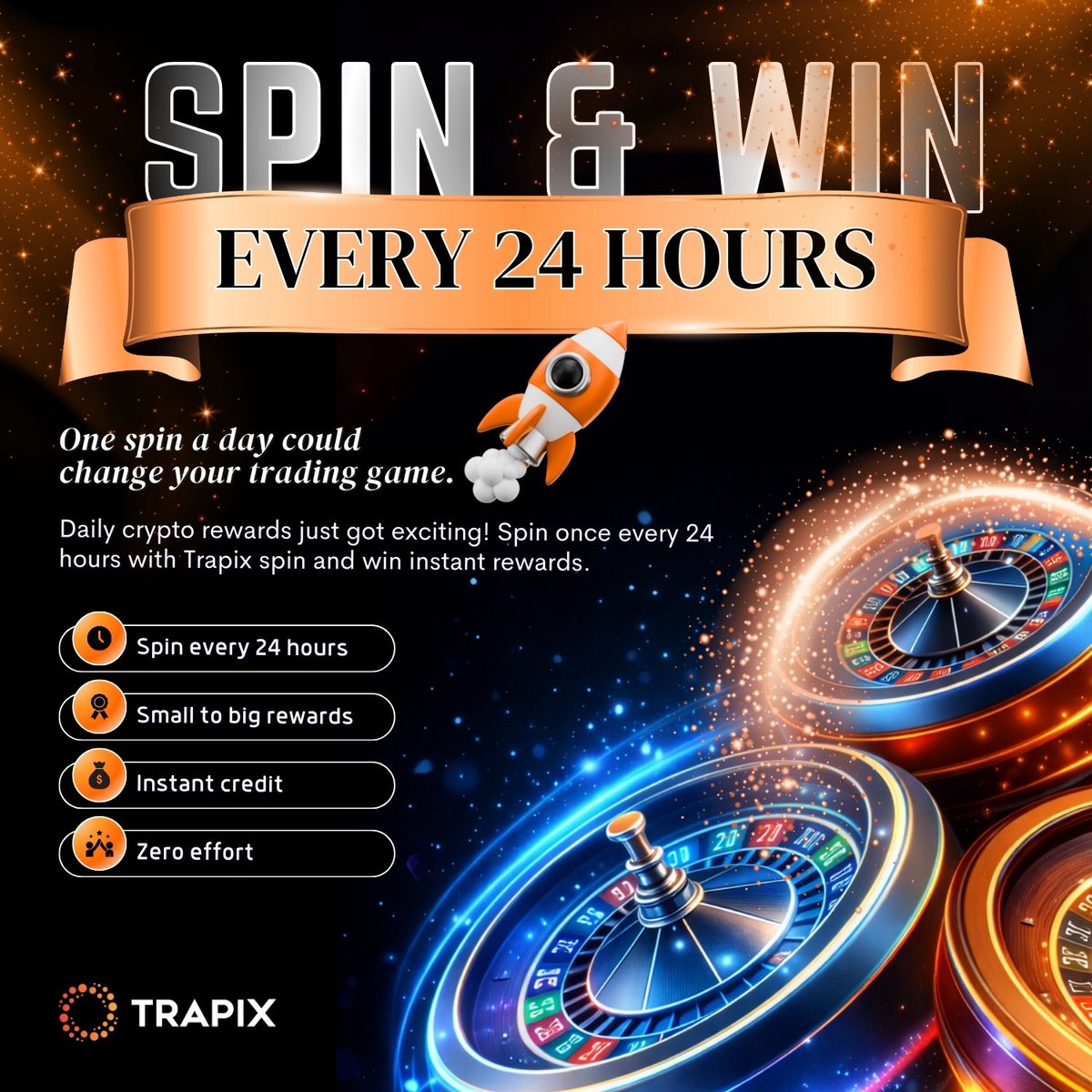 TrapixExchange's tweet image. 🎡🔥 SPIN &amp;amp; WIN — EVERY 24 HOURS! 🔥🎡

One spin a day. Instant crypto rewards.
No effort. Just rewards 💸

🎯 Spin every 24 hours
🎁 Small to big rewards
⚡ Instant credit to Spot Wallet

Start spinning now on Trapix Exchange 🚀

#SpinAndWin #Trapix #DailyRewards #FreeCrypto