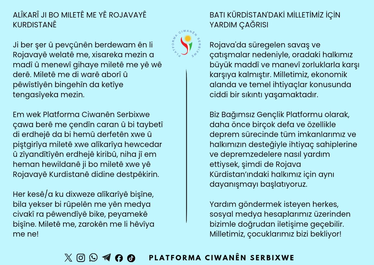 📢ALÎKARÎ JI BO MILETÊ ME YÊ ROJAVAYÊ KURDISTANÊ

Her kesê/a ku dixweze alîkarîyê bişîne, bila yekser bi rûpelên me yên medya civakî ra pêwendîyê bike, peyamekê bişîne. Miletê me, zarokên me li hêvîya me ne!

Piştgirîya heştegê bike⤵️

#AlikariRojava