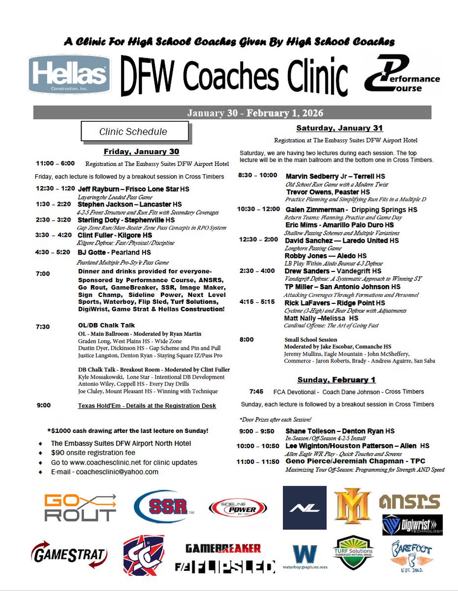 On-Site Registration ($90) at 11 AM FRI in the lobby of the Embassy Suites! 1st Lecture kicks off at 12:30 - can't wait to see everyone! It is going to be a great weekend! Updates at coachesclinic.net - sponsored by <a href="/waterboy_tx/">Waterboy Graphics</a> Turf Solutions Barefoot- <a href="/THSCAcoaches/">THSCA</a> <a href="/dctf/">Dave Campbell's — TexasFootball.com</a>