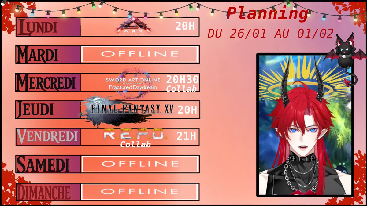 Yoooooooo ! Le Planning le Voici🔥🔥 Let's gooooooo #vtubers #vtuberfr #ARKSurvivalAscended #SAO #FF15 #REPO
