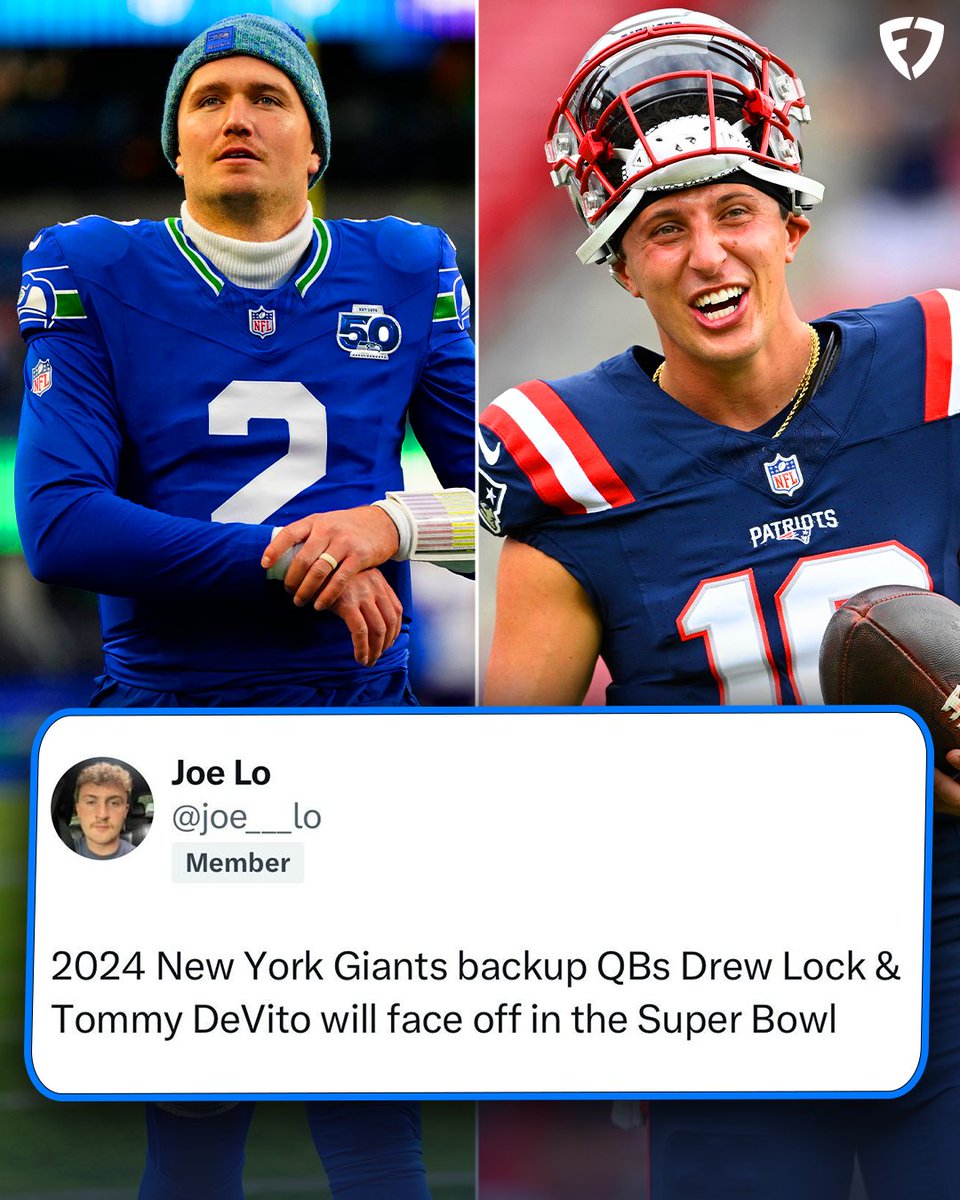 FDSportsbook's tweet photo. Last year Drew Lock &amp; Tommy DeVito battling for the Giants QB1 spot 😅

Now, they'll face off in the Super Bowl 🫡

(via @joe___lo) https://t.co/heiEg1RK3v
