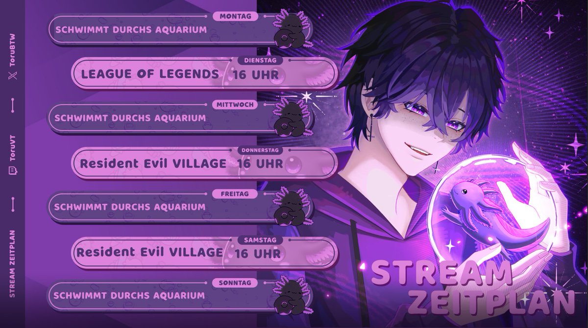 Hewwo
Neue Woche neues Glück oder so💜

DI - League of Legends Ranked🧂🧂🧂🧂
DO - Resident Evil Village 🔫
 SA - Resident Evil Village 🔫

Damit einen Wundervollen Start in die Woche💜