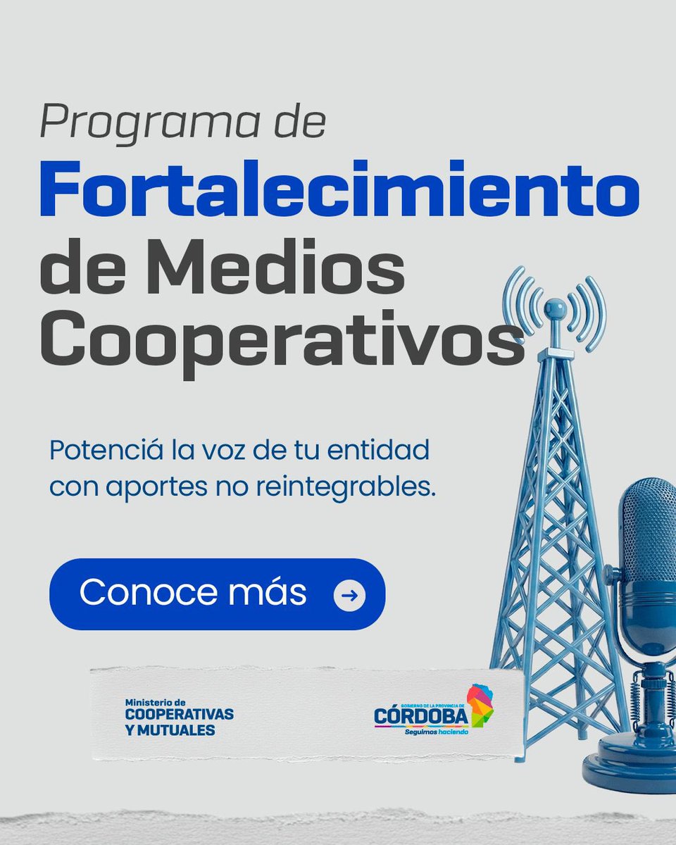 Se encuentra disponible el Programa de Fortalecimiento de Medios Cooperativos, destinado a acompañar proyectos comunicacionales de cooperativas y mutuales con sede en la provincia de Córdoba mediante aportes no reintegrables.

#HacerParaCrecer