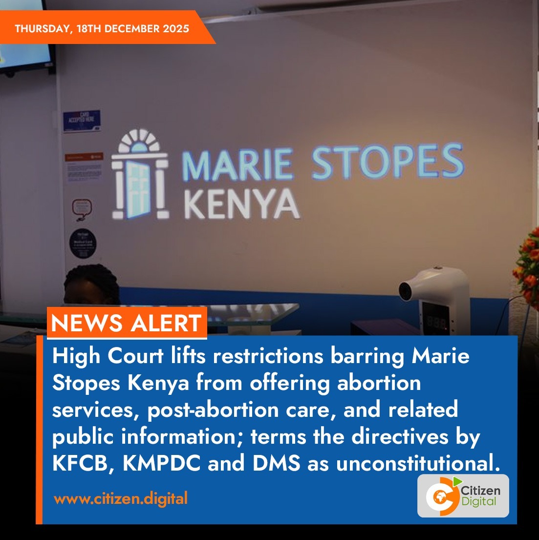 High Court Decision Welcomed 

Marie Stopes Kenya welcomes the High Court ruling lifting unlawful restrictions on the provision of safe abortion services, post-abortion care, and accurate health information. 

This decision reaffirms the constitutional rights to health, dignity,