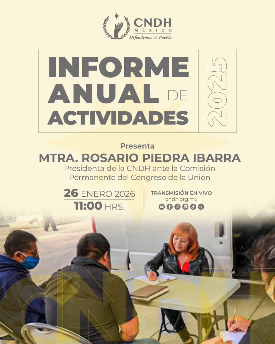 Sigue la presentación del informe anual de actividades 2025 de la CNDH, encabezada por su presidenta, Mtra, <a href="/RosarioPiedraIb/">Rosario Piedra Ibarra</a>. Te esperamos a partir de las 11:00 hrs en nuestras redes sociales.

🔗 youtube.com/watch?v=lJd9ZP…

#DefendemosAlPueblo