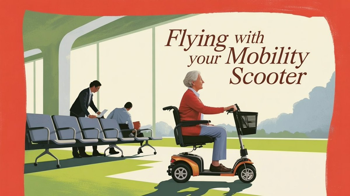 You fly with your mobility scooter.

Airlines accommodate medical devices.

Law requires this.

Book your flight.

Tell airline about scooter.

Give size. Weight. Battery type.

Battery rules apply.

Ride scooter through security to gate.

Staff take scooter for cargo hold.