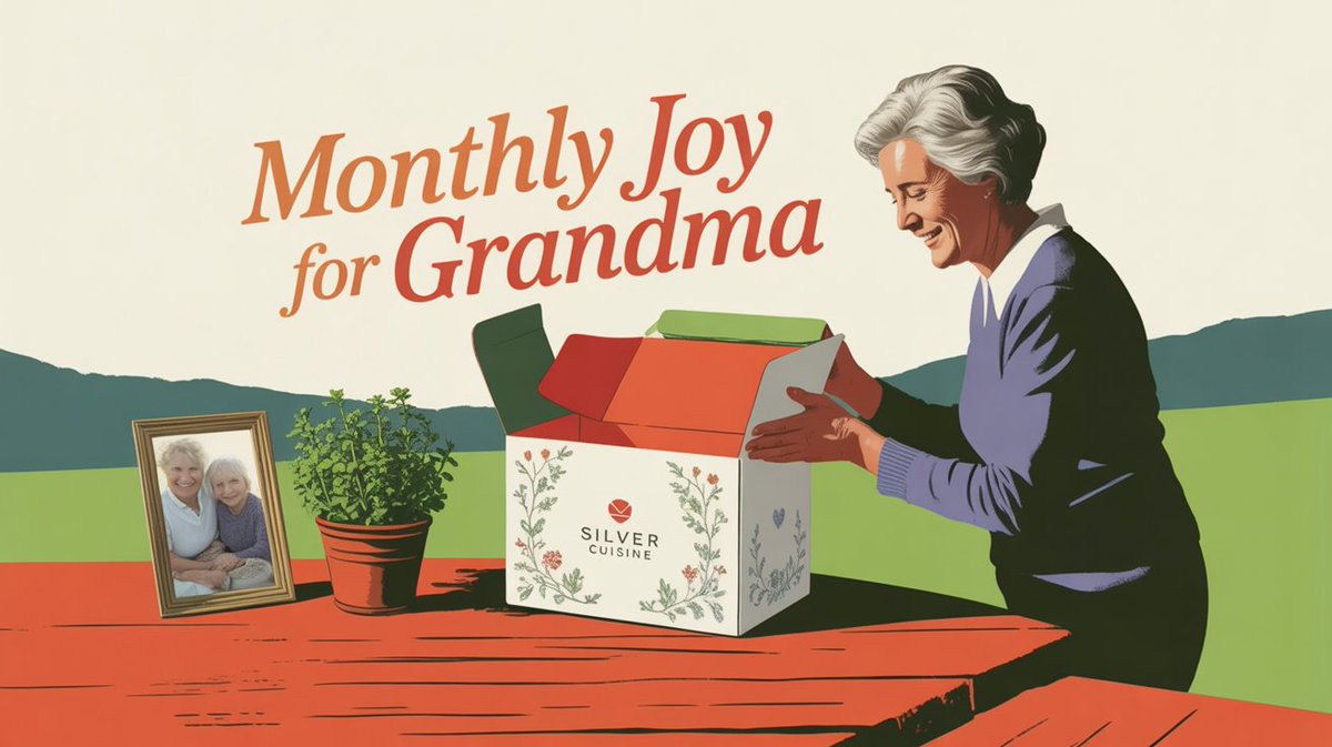Subscription boxes deliver monthly surprises to Grandma.

Simplify her life.

Select Silver Cuisine.

Meals arrive for seniors.

Prepare nutrition with ease.

Shopping difficulty ends.

Snack boxes provide treats.

Tea boxes add variety.

Coffee boxes delight.

Grandma stays