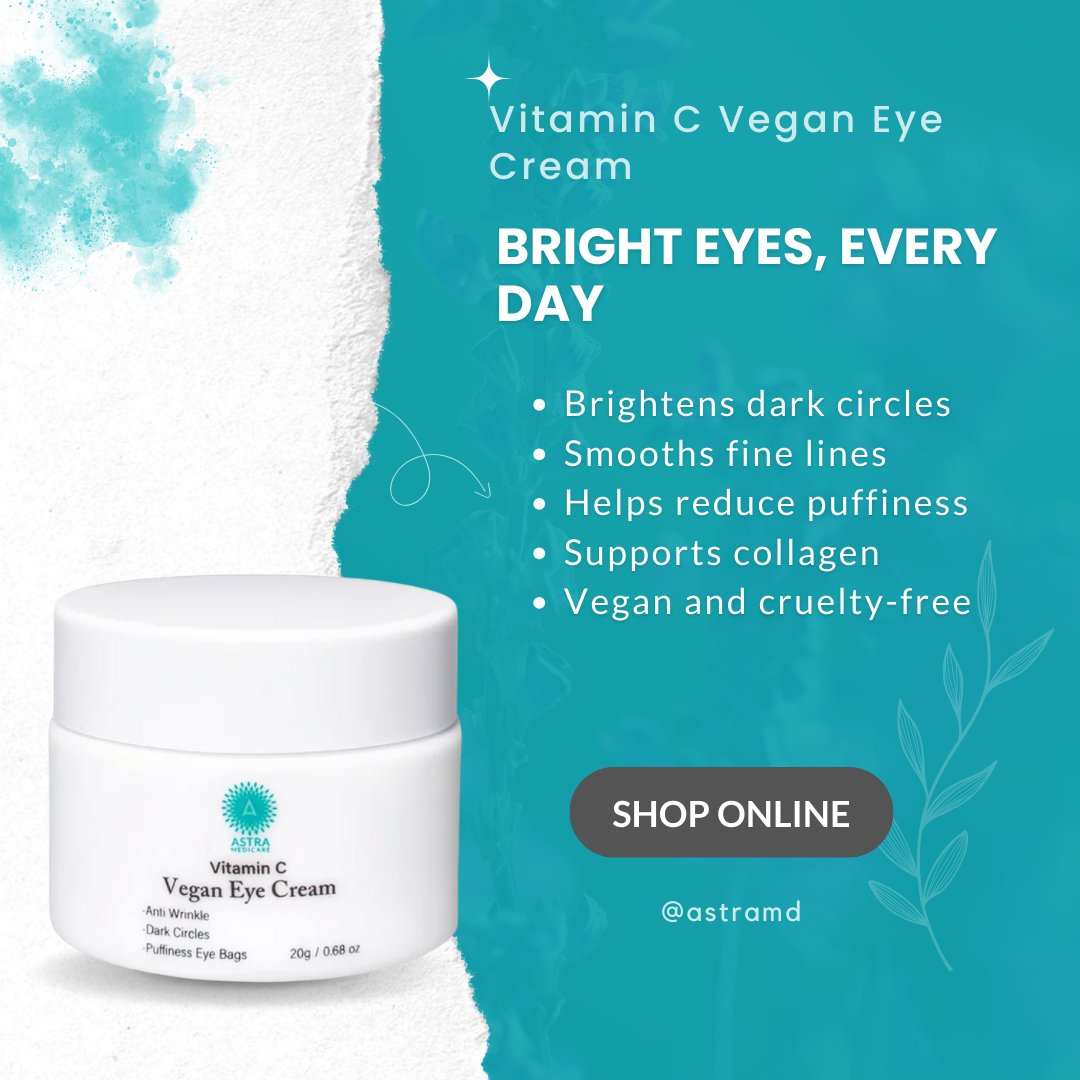 𝑩𝒓𝒊𝒈𝒉𝒕𝒆𝒏 𝒕𝒊𝒓𝒆𝒅 𝒆𝒚𝒆𝒔 𝒂𝒏𝒅 𝒓𝒆𝒇𝒓𝒆𝒔𝒉 𝒚𝒐𝒖𝒓 𝒍𝒐𝒐𝒌 𝒏𝒂𝒕𝒖𝒓𝒂𝒍𝒍𝒚 ✨

Dark circles, fine lines, and puffiness can make you look worn out, even on your best days. The Astra MD Vitamin C Vegan Eye Cream is a lightweight, plant-based solution designed