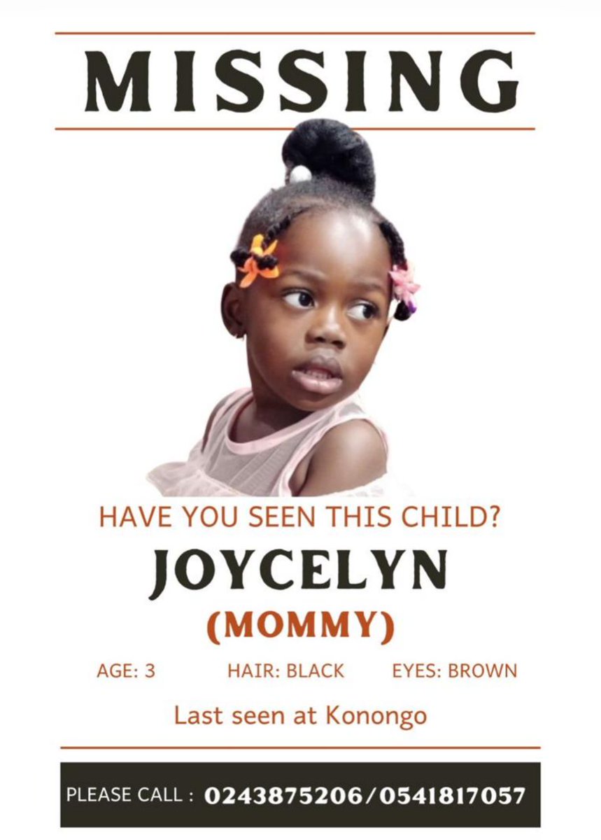 AnzeztorzZan's tweet image. We are seeking the public’s assistance to help locate Joycelyn (also known as “Mommy”), a 3-year-old child who has been reported missing.

Last seen: Konongo
Hair: Black
Eyes: Brown
Your support and shares could make a crucial difference.
#MissingChild #BringJoycelynHome #Konongo