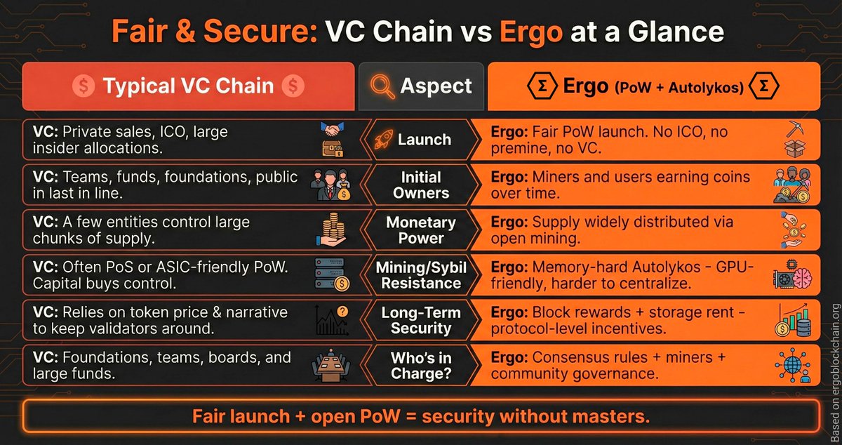 Fairness and security start at launch.

Many chains rely on private allocations and concentrated control.
Ergo launched with open Proof-of-Work, broad distribution, and protocol-level incentives for long-term security.

Different assumptions lead to different outcomes.