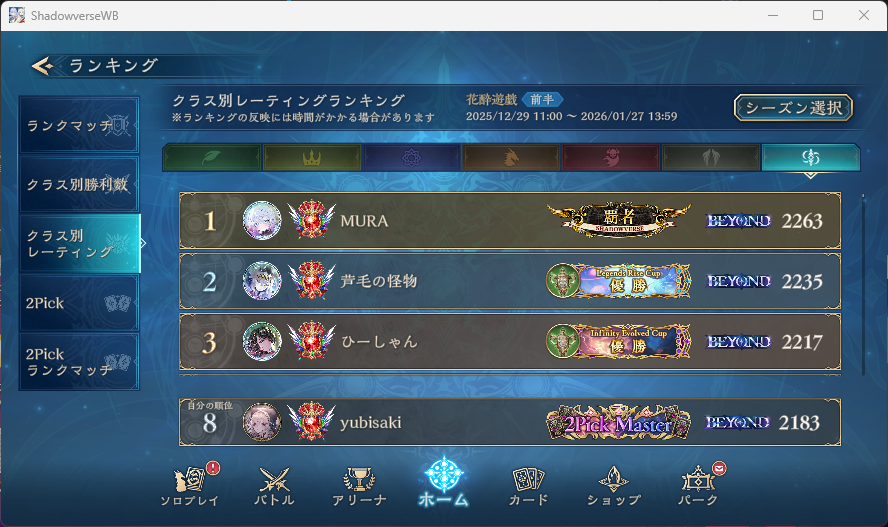 オルオーンにレート100ほど持ってかれて少し取り戻したけど上げきれそうにないのでこの辺で撤退
尽小花許されたので来月も頑張りましょう