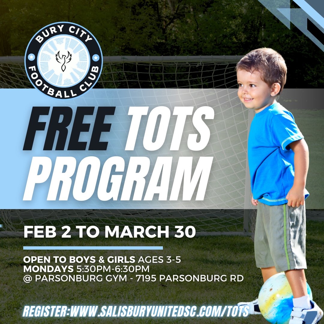 SalisburySc's tweet photo. ⚽💙 Little kicks, big smiles!
Our FREE Tots Program is the perfect introduction to soccer for boys &amp; girls ages 3–5.

📅 Feb 2 – March 30
⏰ Mondays | 5:30–6:30 PM
📍 Parsonburg Gym

Fun, movement, and confidence-building play.
👉 Register: https://t.co/hn23gpO8UM https://t.co/ASQp3PCEHD