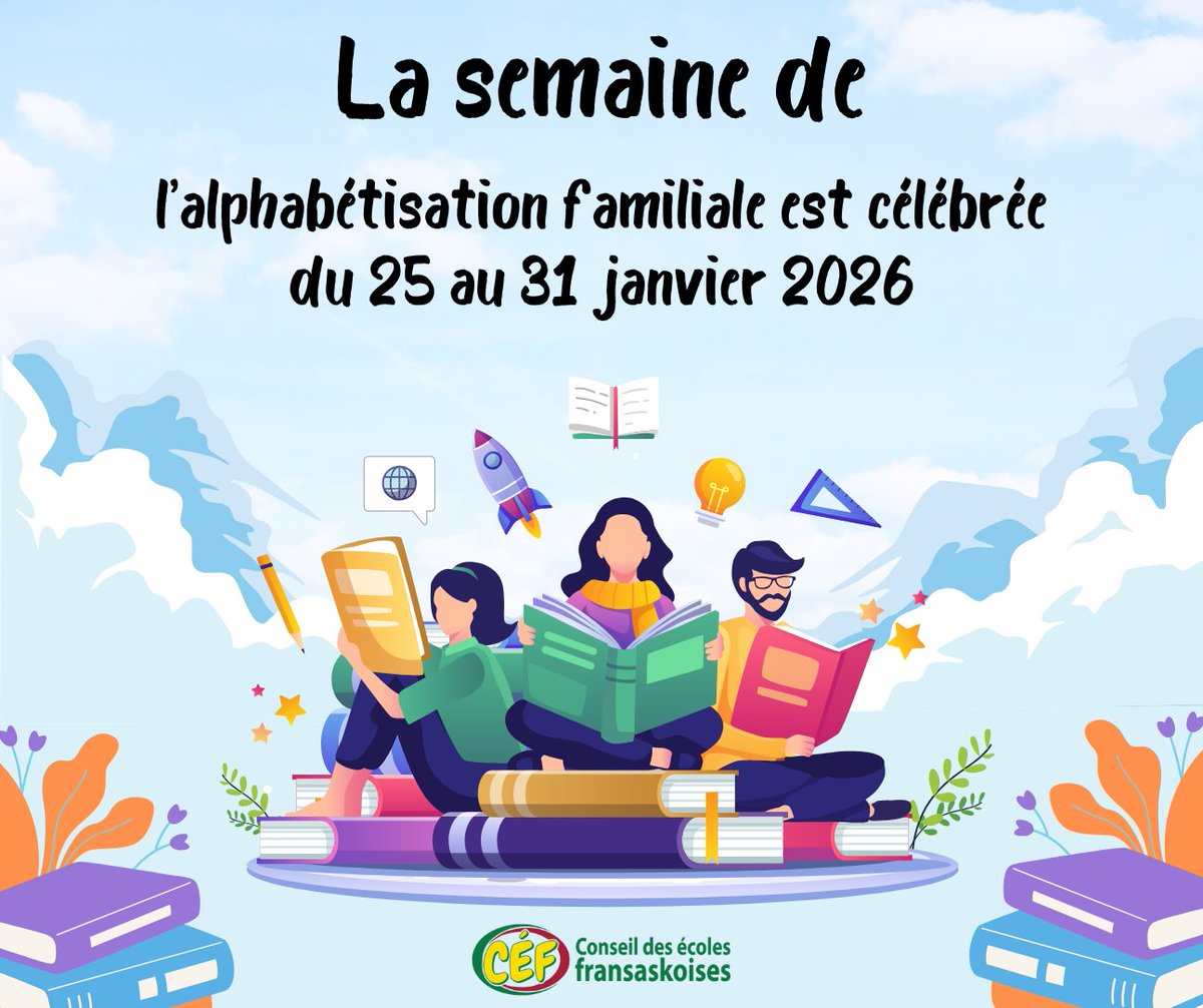Célébrons la Semaine de l’alphabétisation familiale du 25 au 31 janvier 2026 ! Profitons de cette semaine pour lire, apprendre et partager des moments éducatifs en famille. #alphabétisationfamiliale #SK #éducationfrancophone #LecturePourTous #frcan #éducation