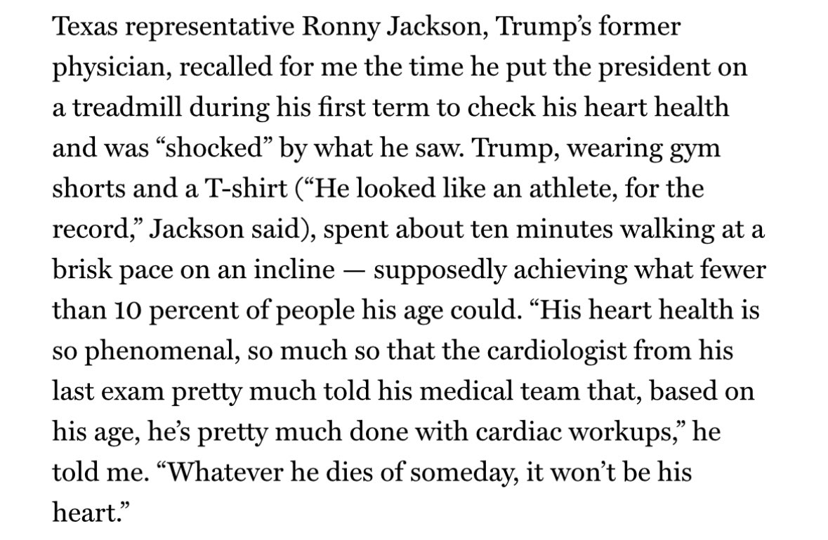 _johnnymaga's tweet image. This is incredible. Former White House Doctor Ronny Jackson told New York Magazine that he once put Trump on a treadmill and Trump scored in the 90 percentiles for physical performance among his age group.

Absolute specimen.