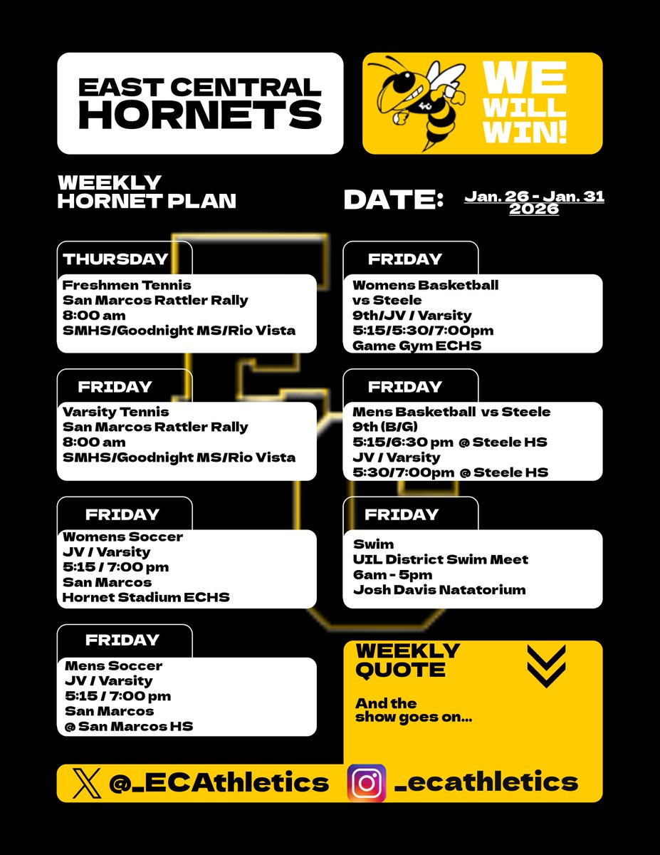_ECAthletics's tweet photo. Action-packed week for the Hornets!
From soccer to basketball, our athletes are ready to dominate! Don't miss the excitement. Check out the schedule and come cheer!
#GoHornets #ECStrong #WeWillWin @ECISDtweets @ArriolaSuzette @maggiwelham @joehubb74 https://t.co/gl3nlWMdqs