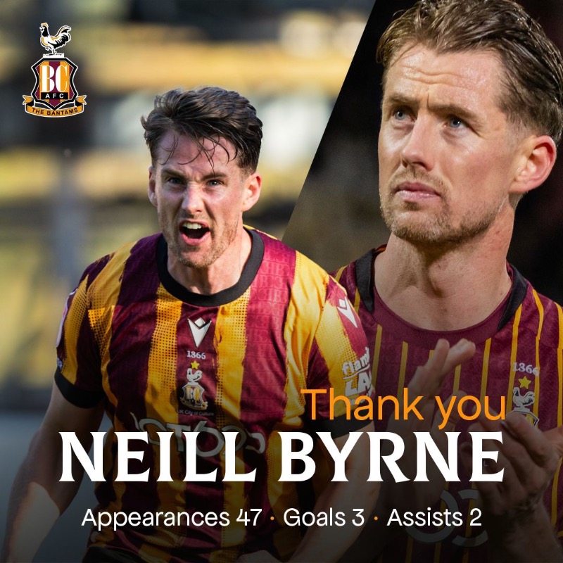 officialbantams's tweet photo. We can announce Neill Byrne has joined Doncaster Rovers on loan for the remainder of the season.

Everyone at the club would like to thank Neill for his services during his stay in BD8 and wish him the very best for the future. 🤝

#BCAFC