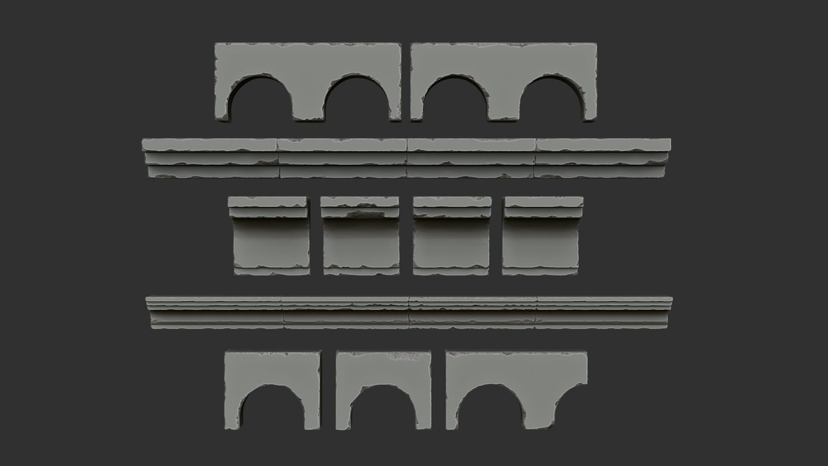saramolina3d's tweet photo. I hope you've had a good start to the year! 🥳
Still working on mesh trims in Zbrush, here are several pieces and tileables that will be part of the exterior buildings. 
Renders of other tileables are coming, stay tuned! ✨

#Dishonored #UE #Environment #3Dart https://t.co/jEsD71UrcM