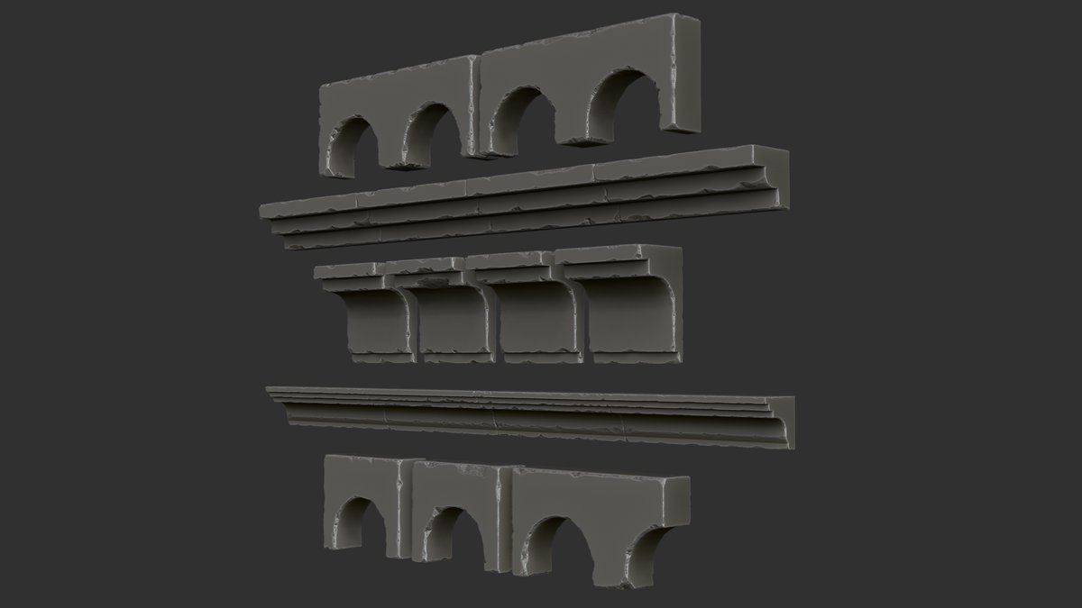 saramolina3d's tweet photo. I hope you've had a good start to the year! 🥳
Still working on mesh trims in Zbrush, here are several pieces and tileables that will be part of the exterior buildings. 
Renders of other tileables are coming, stay tuned! ✨

#Dishonored #UE #Environment #3Dart https://t.co/jEsD71UrcM