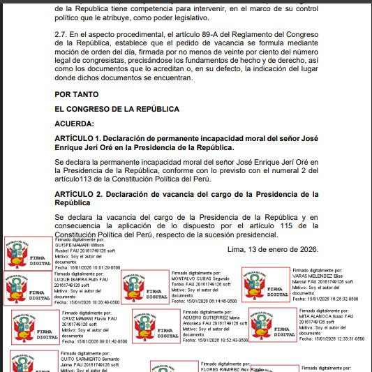 Ingresa a mesa de partes del Congreso la moción de vacancia contra el presidente José Jerí.