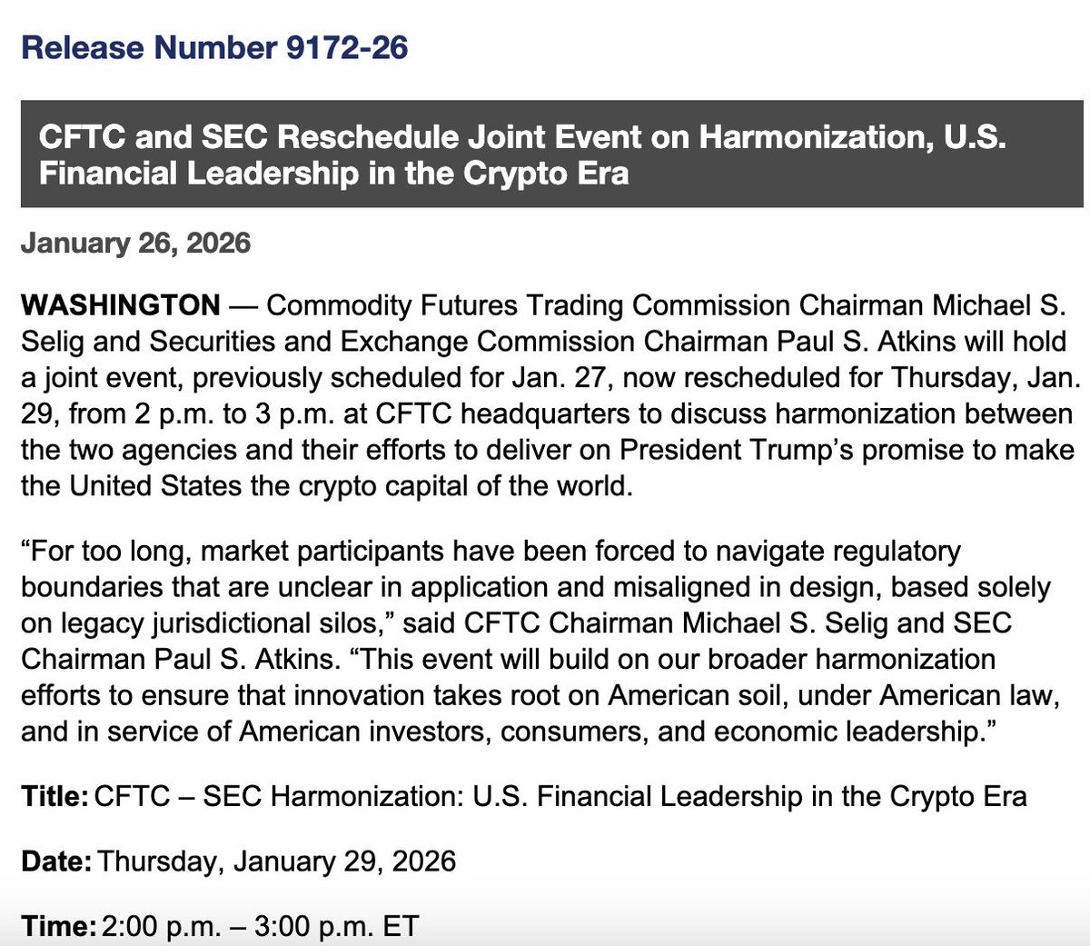 JUST IN: 🇺🇸 CFTC and SEC reschedule Project Crypto roundtable for Thursday,  Jan 29