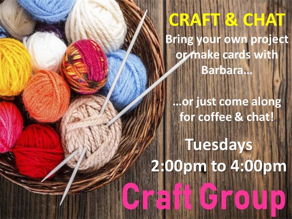 Our Craft Group has had to change its meeting time. It now meets on a Tuesday afternoons from 2:00pm to 4:00pm. Please let us know if you would like to get involved.