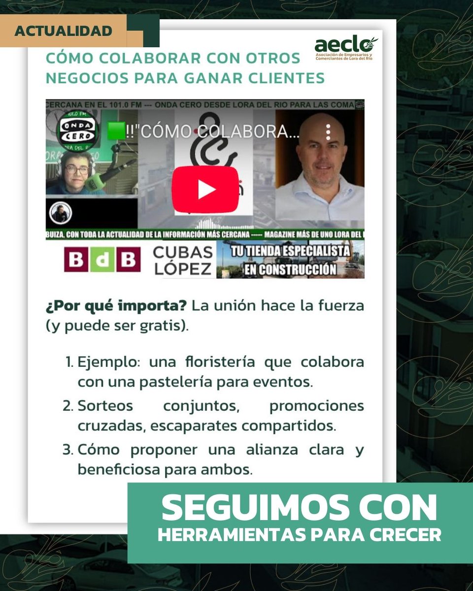 🤝 Colaborar con otros negocios también es una forma de crecer.

En la nueva entrega de Herramientas para crecer hablamos de alianzas locales, promociones cruzadas y cómo ganar clientes sin grandes inversiones.

▶️ f.mtr.cool/cfkwdntzlj 
 #AECLO #ComercioLocal