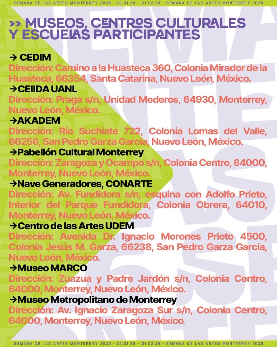 Museos, Centros Culturales y Escuelas participantes en la Semana de Las Artes Monterrey 2026 >