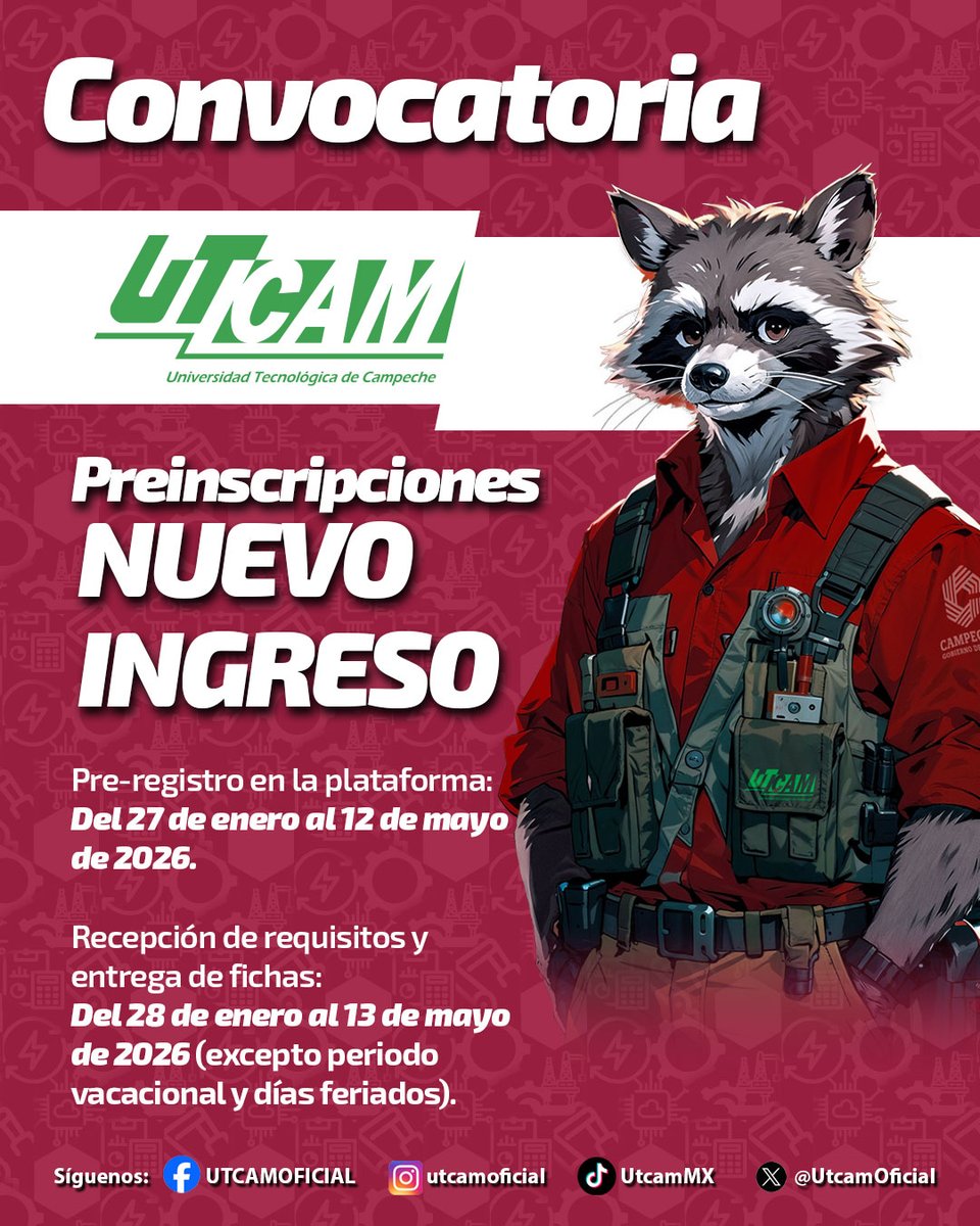 UtcamOficial's tweet photo. Preinscripciones Nuevo Ingreso UTCAM
¿Concluyes o ya egresaste de bachillerato?

📅 Pre-registro: 27 ene–12 may 2026
📝 Evaluación: 29 may 2026

Consulta la convocatoria completa:
 https://t.co/RBfms0dBp6
#VEaLaUTCAM https://t.co/4oIWuLFPuV