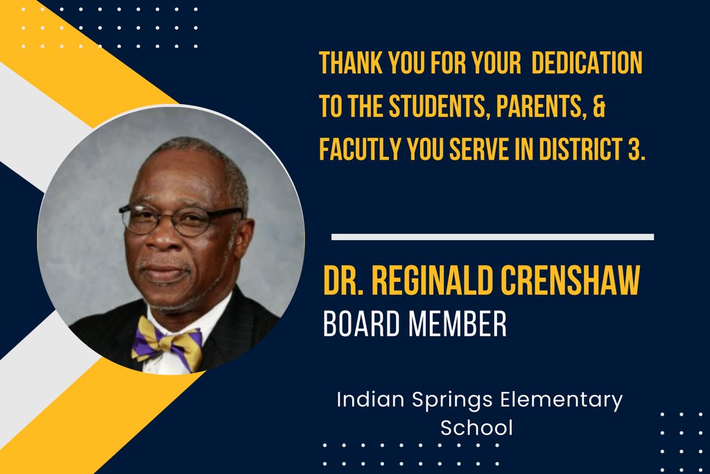 We proudly recognize and appreciate Dr. Reginald Crenshaw for his continued hard work, leadership, and dedication to education.
Thank you for your commitment to supporting our schools and for helping ensure we are Learning and Leading Every Student. Every Day.