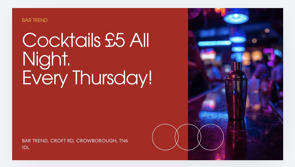 Bar_Trend's tweet image. A new cocktail happy hours has arrived! ALL cocktails £5 ALL night, every Thursday! Starts this Thursday! #Crowborough #Cocktails #ThirstyThursday