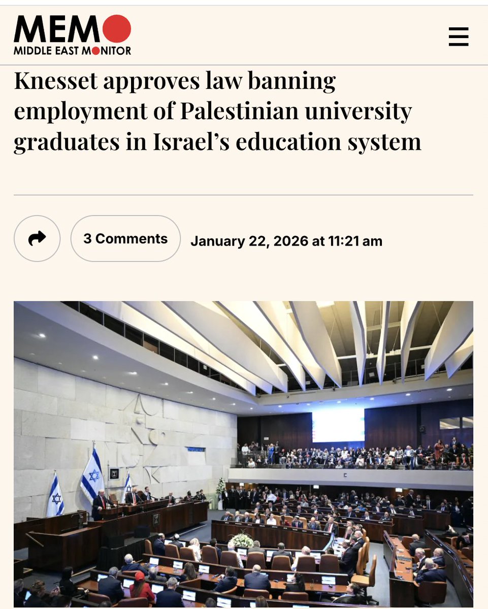 If you hold a degree from an Israeli university, you can work in Israel's education system.

If you hold a degree from a Palestinian university, you are banned from working in Israel's education system.

Not so complicated after all. It's called apartheid.
middleeastmonitor.com/20260122-kness…