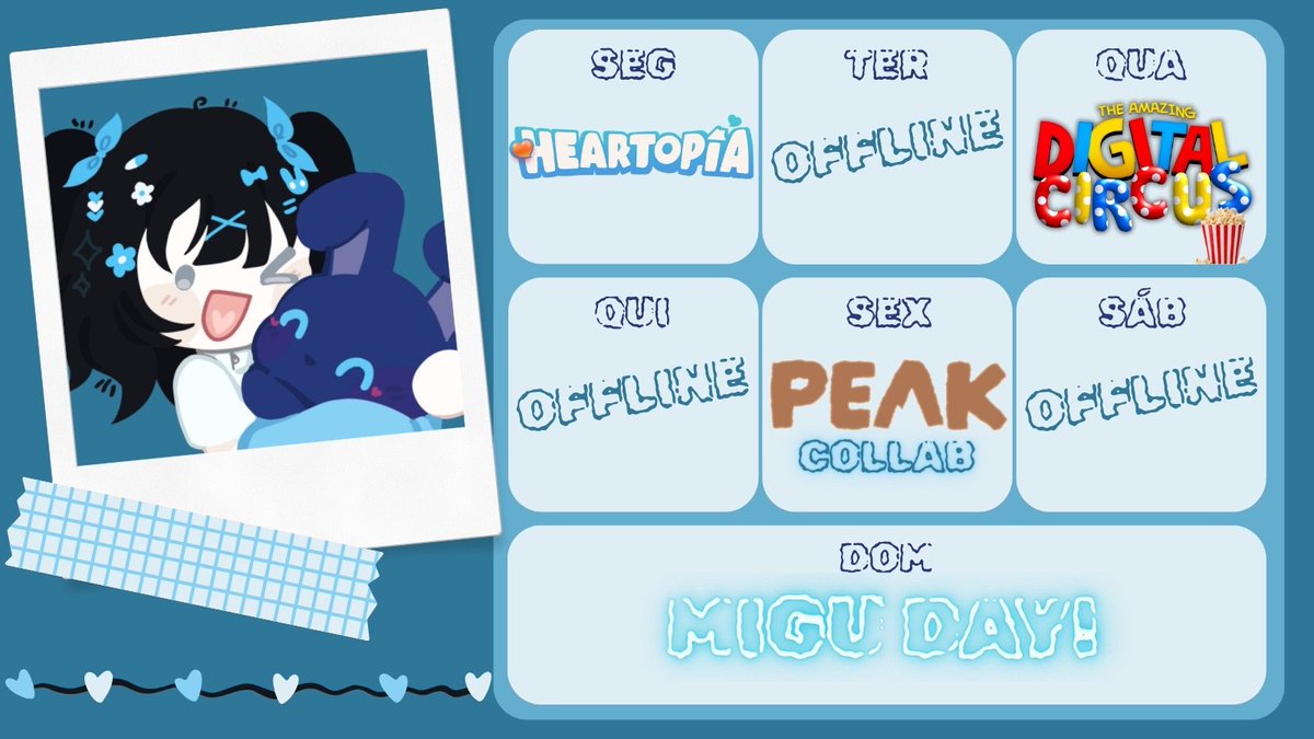 °○. Cronogramaaa! Essa semana vai ser mais comfy, com joguinho fofo e react^^ Também teremos collabinha de peak na sexta as 17h!
°○. Vejo vocês mais tarde :3