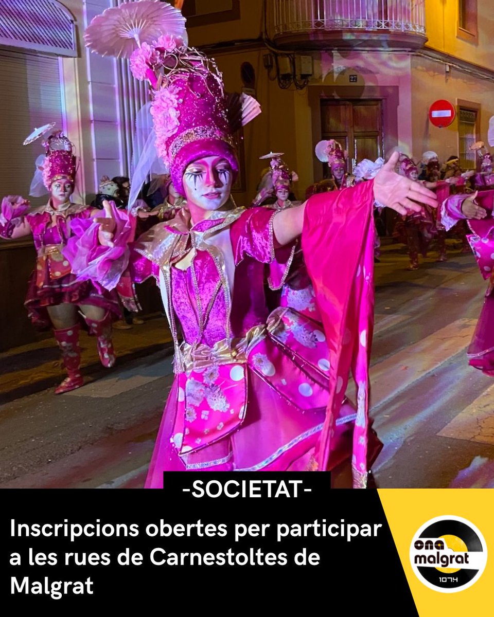Ja estan obertes les inscripcions per participar a les rues de Carnestoltes de Malgrat, que se celebraran el divendres 13 de febrer, en el cas de la rua d’adults, i el dissabte 14 de febrer, amb la rua infantil.

🎙️Més informació a onamalgrat.cat/news/inscripci…