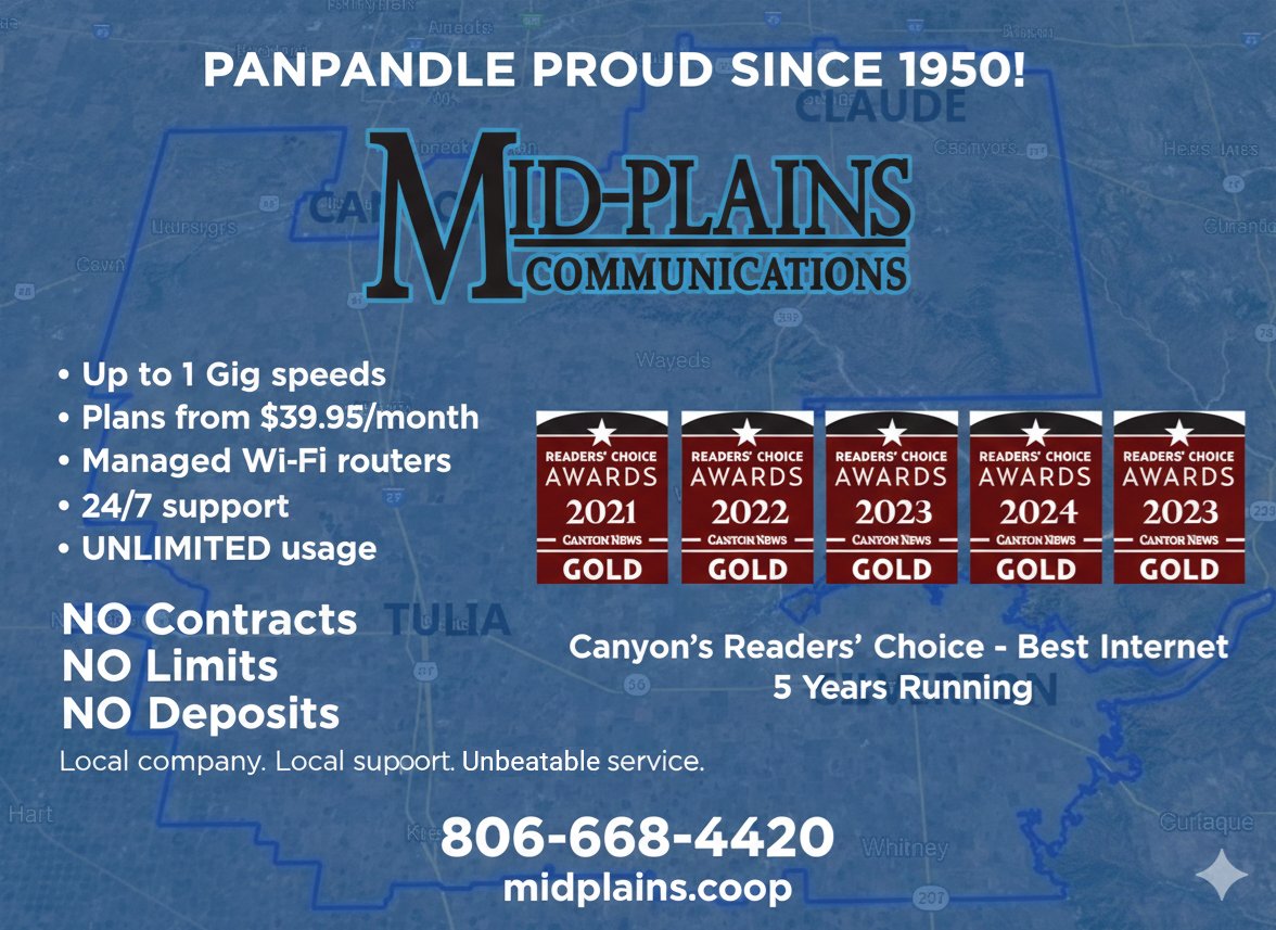 Your LOCAL telephone &amp; internet provider for 75 years!

Up to 1 Gig speeds 
Plans from $39.95/month
Managed WiFi routers 
24/7 support 
UNLIMITED usage 
NO contracts, limits, or deposits

Local company. Local support. Unbeatable service.

806-668-4420 midplains.coop