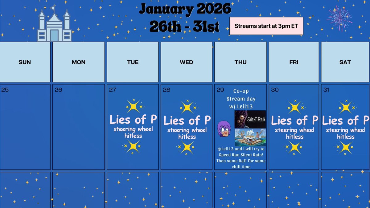 This weeks schedule is pretty straight forward. I am working hard to sure up the Lies of P hitless routing. Things are going great so far!
Then we have some co-stream fun with <a href="/leil13_streamer/">Leil13</a>! 
It's going to be a fantastic week over on Twitch!