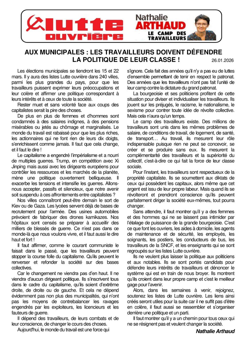 Il y aura des listes Lutte ouvrière- Le camp des travailleurs dans 240 villes aux municipales.
Pour affirmer les intérêts des travailleurs et porter la nécessité d'arrêter la course folle du capitalisme.