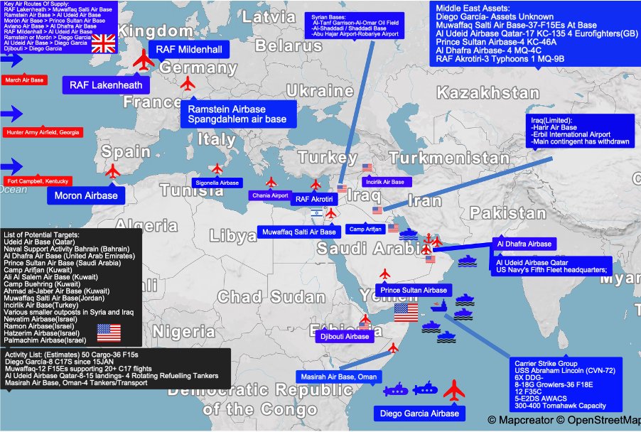 Operational Update on Iran 26/01/2026:
-Mass airlift continues Diego Garcia, Muwaffaq airbase in Jordan and Al Udeid Airbase in Qatar continue to take significant amounts of transport flights, indicating a military buildup. 
Carrier strike group has arrived South East of Oman.