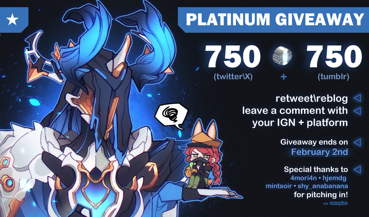To celebrate my one year milestone, a total of 1500 platinum giveaway ✨to enter, retweet and leave a comment with your IGN + platform\cross-link!
Prizes are courtesy of Digital Extremes