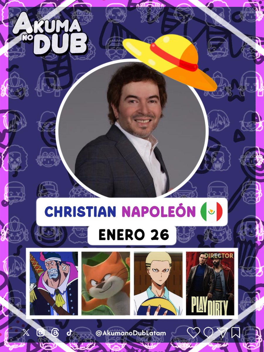 AkumanoDubLatam's tweet photo. 🌟🎉 Felicidades Nakama!! 🎉🌟

Le deseamos un feliz cumpleaños a Christian Napoleón / @chrissnapoleon , quien da voz en One Piece a:

- Esfinge (Arco Impel Down)
- Charlotte Moscato (Arco Whole Cake Island)

#OnePiece #Doblaje #Cumpleaños #ChristianNapoleon https://t.co/fDVlYgd7EP