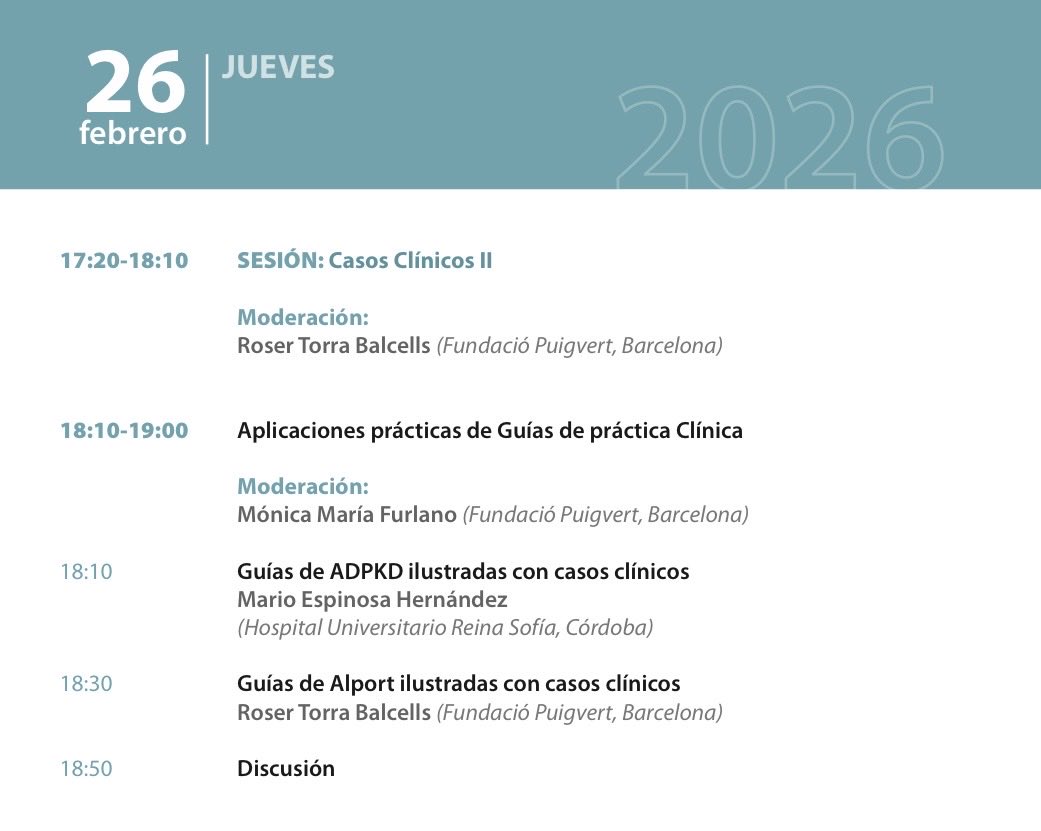 m_furlano's tweet photo. 🧬🥖🍞el pan nuestro de cada día en #GTERH 🍞🥖🧬 👇🏻
🧬Guías clínicas de #PQRAD y #Alport ilustradas con casos clínicos 🧬
🔜hacer fácil los difícil con los expertos
🔜26/02/26 #Madrid
V Jornadas de Enfermedades Renales #Hereditarias https://t.co/c9y0qLM3h2