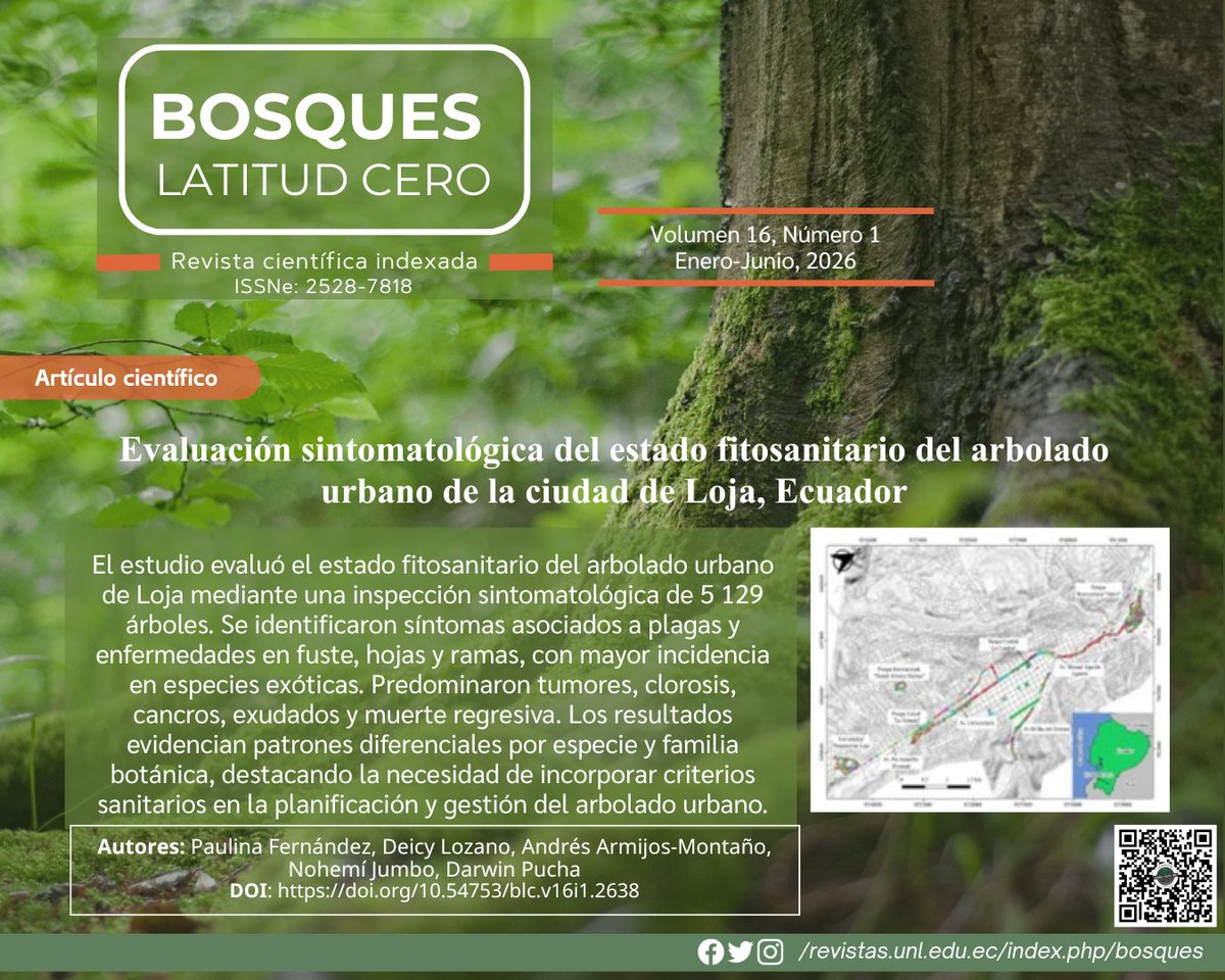 BosquesCero's tweet photo. 📋Bosques Latitud Cero, v16 n1, pp 67-89, 2026.
🌳Evaluación del estado fitosanitario del arbolado urbano de Loja
👉 Lee el artículo: https://t.co/1LzHDbcVTO
#BosquesLatitudCero #BLC #UNL #GestiónAmbiental #BiodiversidadUrbana #Sostenibilidad #EcologíaUrbana #Forestal https://t.co/aIH1BmXsSd