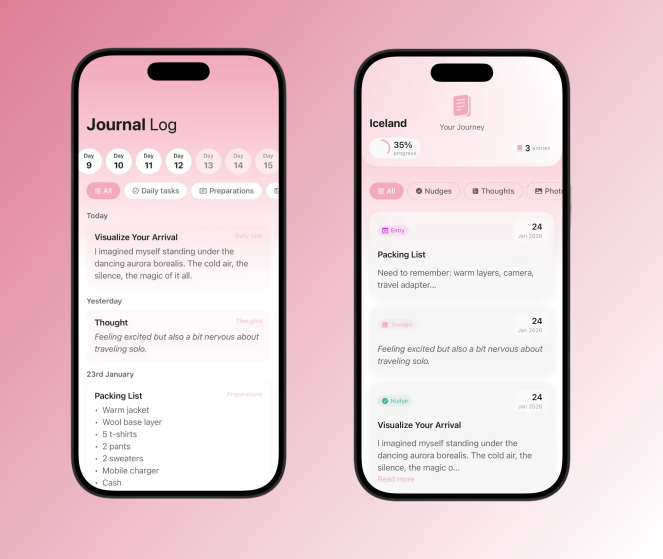 moonfarm_dev's tweet image. Day 5 of designing the solo-travel dream-trip planner for @packslight's brief in the @RevenueCat #Shipyard2026 challenge. 🎉

The journal page is where the magic happens - daily tasks, travel logs, images, thoughts, and all those little trip preparations in one place.

But I'm…