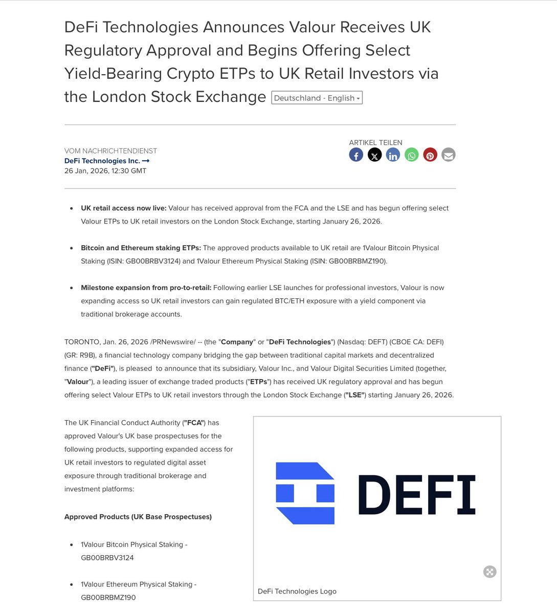 🇬🇧 JUST IN: UK Retail Investors Can Now Buy Yield-Bearing Bitcoin &  Ethereum ETPs on London Stock Exchange @ValourFunds Got FCA Approval Today:  👉 100% Physically Backed 👉 ~1.4% Annual Yield 👉