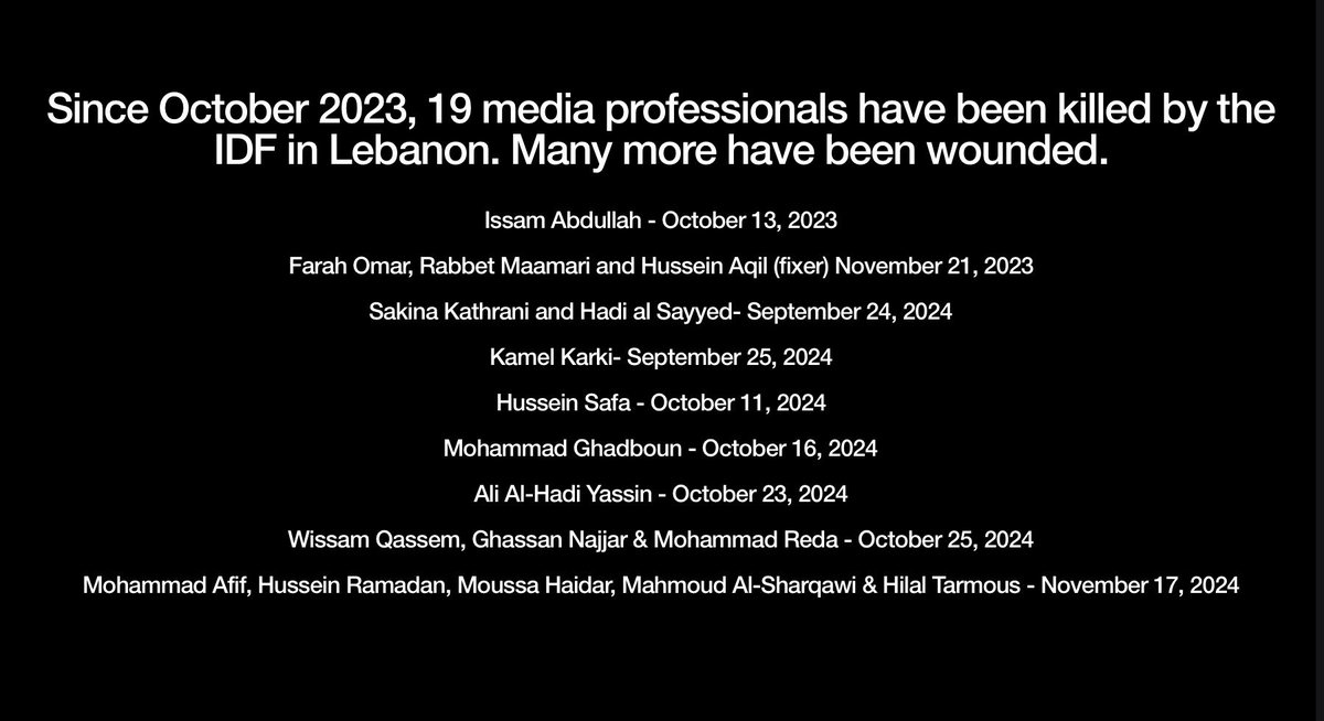 With today’s assassination of Ali Noureddine, the total number of media professionals killed by the IDF in Lebanon has risen to 20. May they all rest in peace.