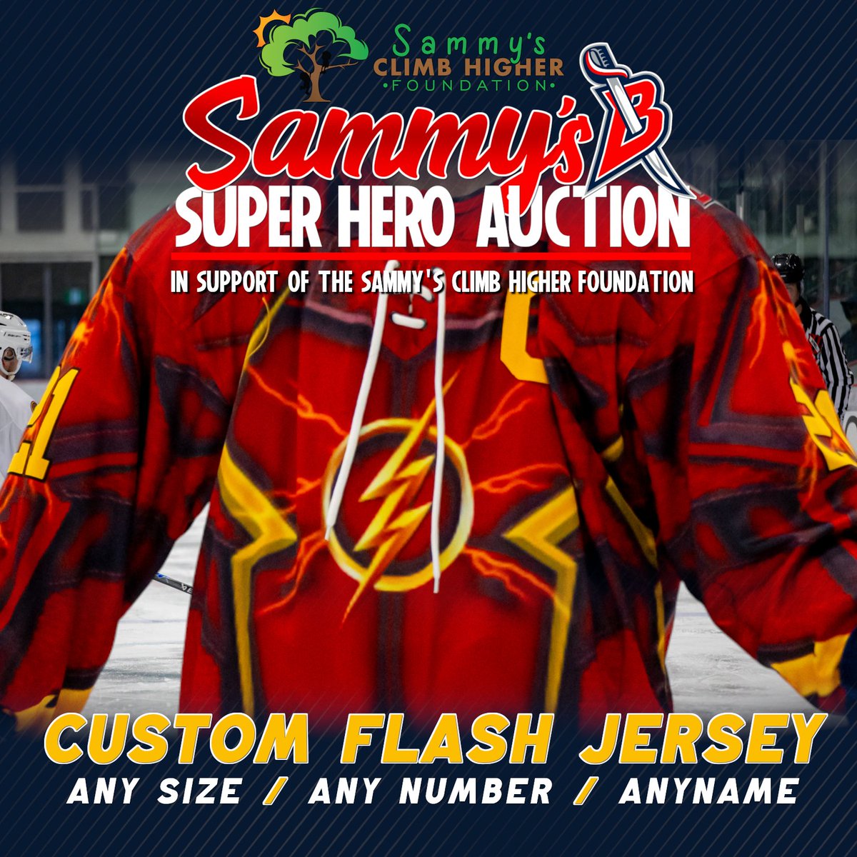NEW ITEM!
Bid to own this custom Flash Blues jersey, pick any size, youth or adult and customize it with your own name/number!

Visit seniorblues.ca to bid now, the auction ends &amp; overtime starts at 8PM tonight! 

All proceeds will be donated to the Sammy's Climb Higher!