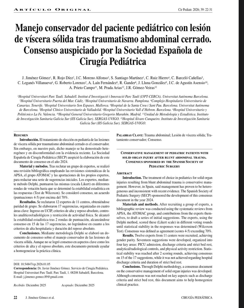 jorgepuntofijo's tweet image. Consenso del Manejo conservador del paciente pediátrico con lesión
de víscera sólida tras traumatismo abdominal cerrado.
Consenso auspiciado por la Sociedad Española de Cirugía Pediátrica @SECIPE